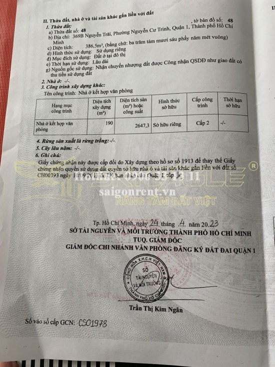 Bán nhà 369B Nguyễn Trãi, Phường Nguyễn Cư Trinh, Quận 1, diện tích 386,5m2, giá bán 455 Tỷ