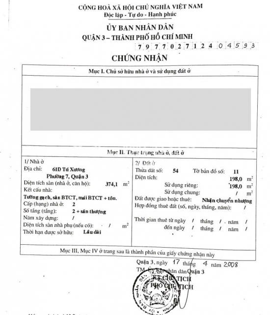 Bán nhà 61D Tú Xương, phường 7, Quận 3, diện tích 198m2, giá bán 88 tỷ