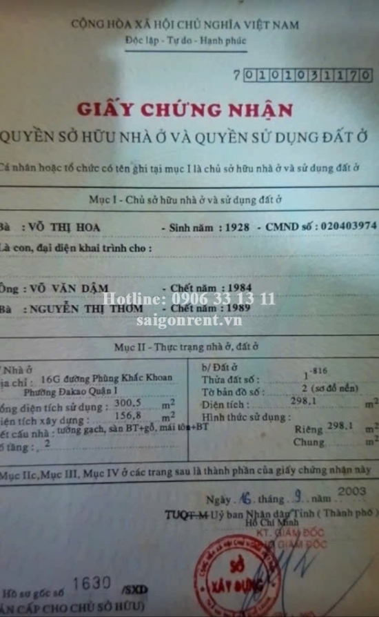 Bán nhà 16G Phùng Khắc Khoan, Phường Đa kao, Quận 1, diện tích 298,1m2, giá bán 240 tỷ