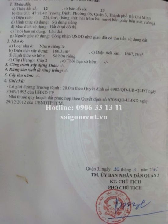 Bán nhà 47-49 đường Trương Định, phường Võ Thị Sáu, Quận 3, diện tích 224,4m2, giá bán 290 tỷ