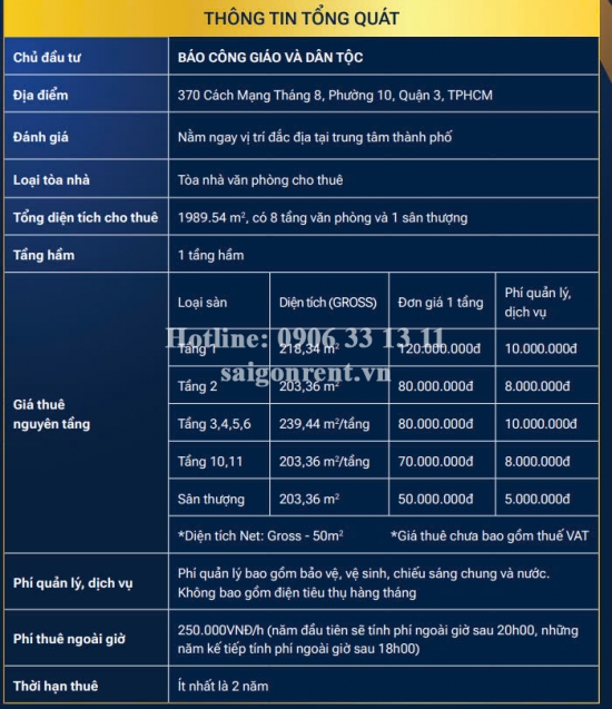 Cho thuê văn phòng tại 370 Cách Mạng Tháng 8, Phường 8, Quận 3, diện tích 203,36m2, giá cho thuê 70 triệu/ tháng ( 2430 USD/month)
