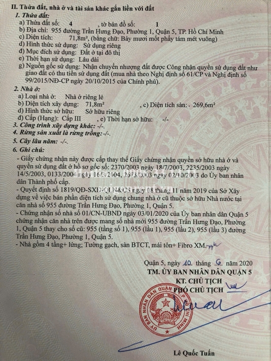 Bán nhà  955-957 Trần Hưng Đạo, Phường 1, Quận 5, diện tích 143m2, Giá Bán 95 Tỷ