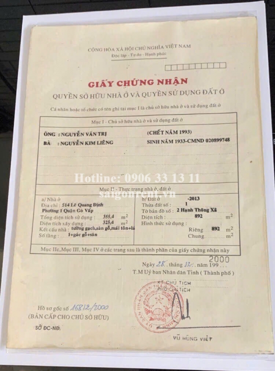 Bán nhà 514 Lê Quang Định, phường 1, Quận Gò Vấp, diện tích 892m2, giá bán 185 tỷ