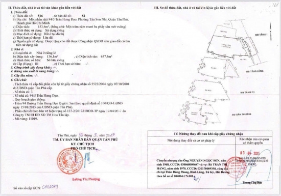 Bán nhà 94/5 Trần Hưng Đạo, phường Tân Sơn Nhì, Quận Tân Phú, diện tích 153,6m2, giá bán 22,5 tỷ
