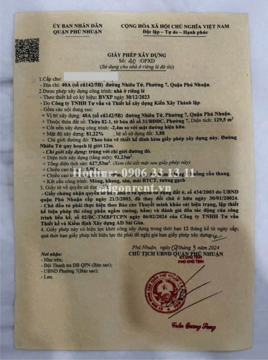 Bán nhà 40A Nhiêu Tứ, phường 7, Quận Phú Nhuận, diện tích 129.5m2, giá bán 27 tỷ