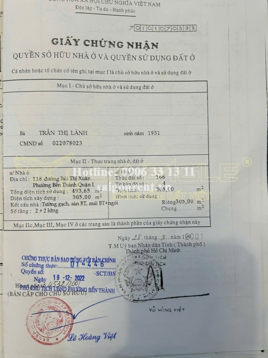 Bán nhà 118 Bùi Thị Xuân, Phường Bến Thành, Quận 1, diện tích 305m2, giá bán 488 tỷ