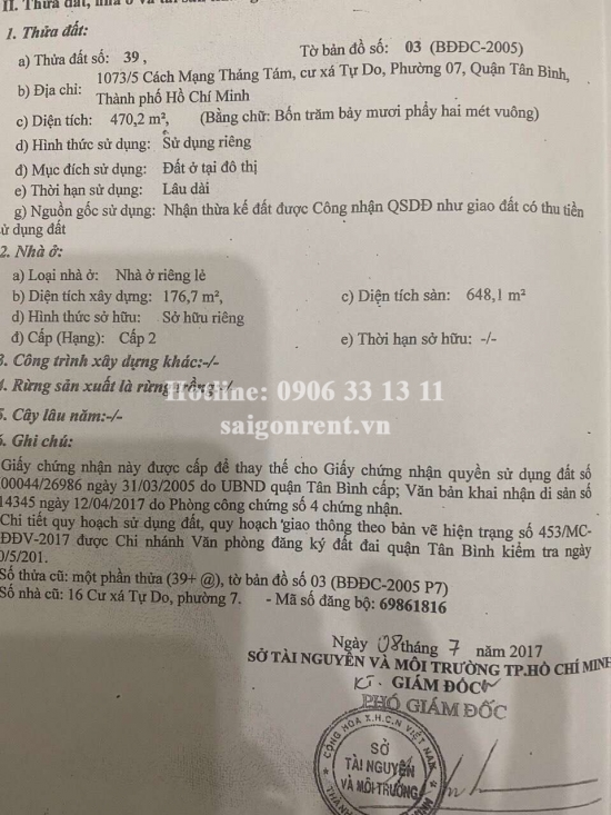 Bán nhà 1073/5 Cách Mạng Tháng Tám, cư xá Tự Do, Phường 07, Quận Tân Bình, diện tích 470,2m2, giá bán 110 tỷ