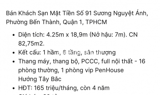 Bán khách sạn 91 Sương Nguyệt Anh, phường Bến Thành, diện tích 82,75m2, giá 68 tỷ